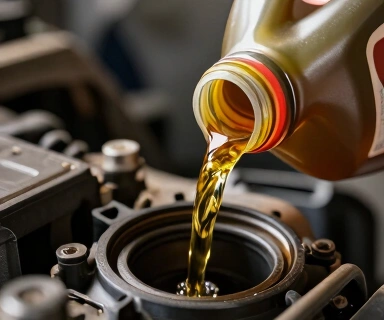 Engine oil pour close-up showing thin amber synthetic oil entering an engine fill port, mid-pour, with the bottle label partially visible showing ACEA spec markings