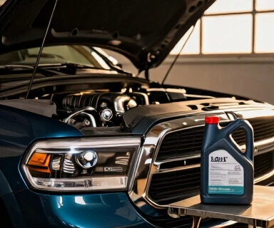 Documentary photograph of a Ram 1500 pickup truck with EcoDiesel badge visible on the hood, parked in a residential driveway with the hood propped open showing the V6 turbodiesel engine bay, the oil filler cap unscrewed and resting on the engine cover, a 5-liter jug of motor oil on a folding workbench in the foreground with European specification text on the back label, late afternoon golden hour light, warm amber and dust tones, no readable brand text, no watermarks