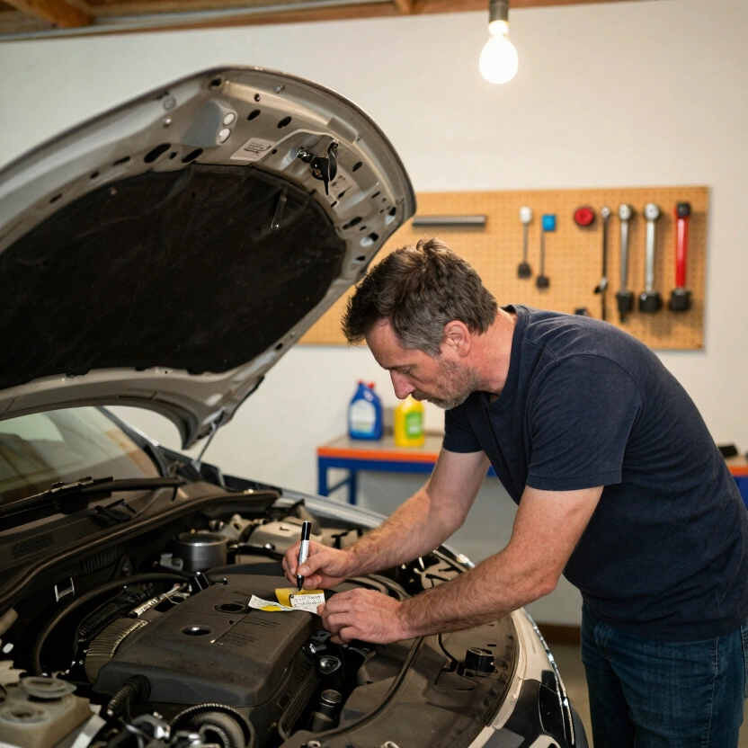Caucasian man in his 40s at a well-equipped home garage workbench, writing oil change mileage on a piece of masking tape that he’s placing on a quart of AMSOIL oil, focused and methodical, warm garage lighting, shelves of tools and supplies in background, no text, no watermarks