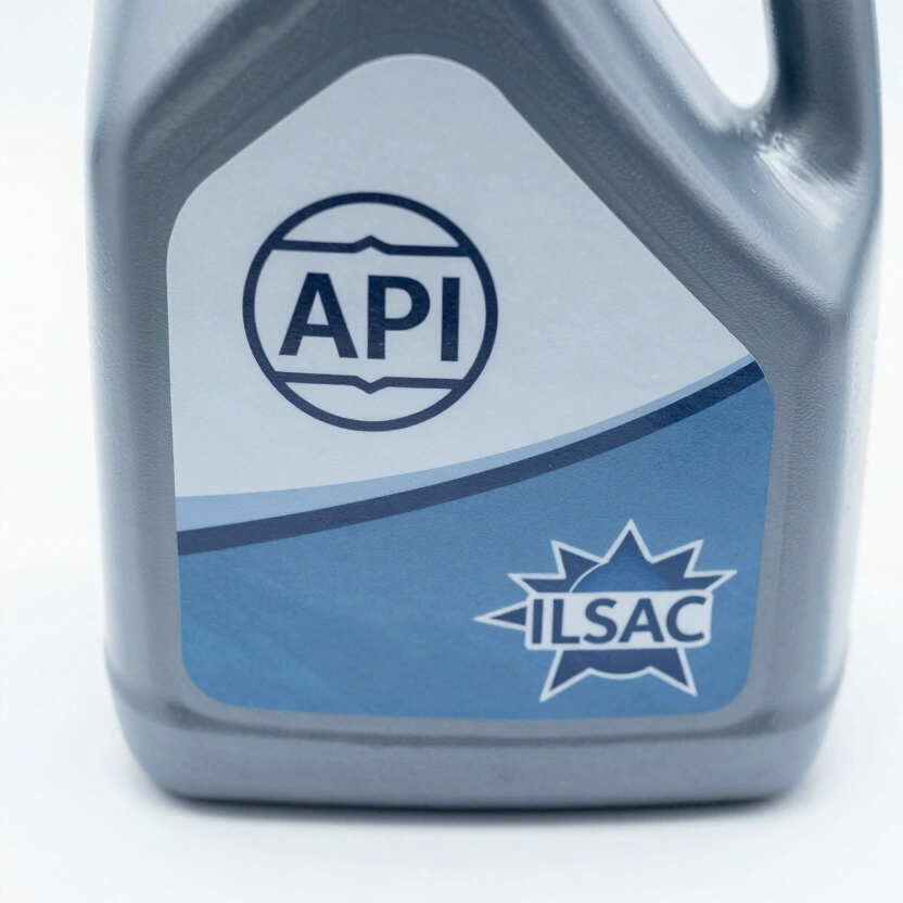 Close-up of motor oil bottle showing the API “donut” certification symbol and ILSAC starburst on the label, clear focus on the certification stamps, glass or plastic bottle surface catching light, neutral background, no text visible beyond the certification stamps, no watermarks
