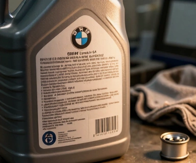 European motor oil bottle close-up on a workbench, full-synthetic 5W-30 with visible OEM approval markings on the back label including BMW Longlife-04 and Mercedes-Benz 229.51 stamps, side lighting from a garage window, focused on the certification text panel, oil-stained shop towel and a torque wrench in soft background, neutral gray and amber tones