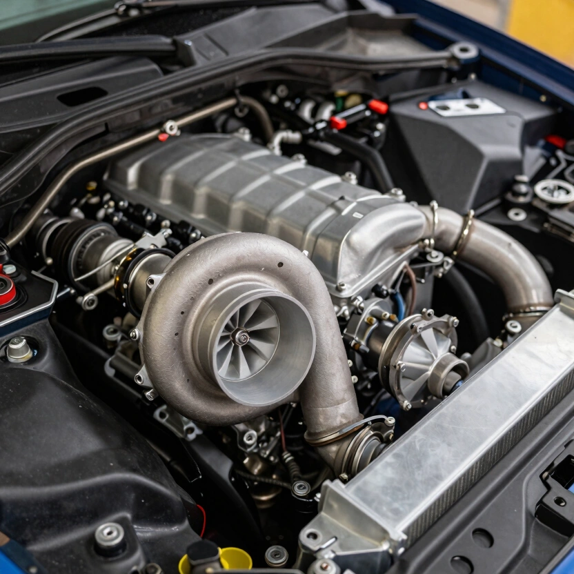 Close-up of a turbocharged engine bay showing the turbocharger housing and intercooler piping, clean engine components, warm natural lighting, metallic textures, no text, no watermarks