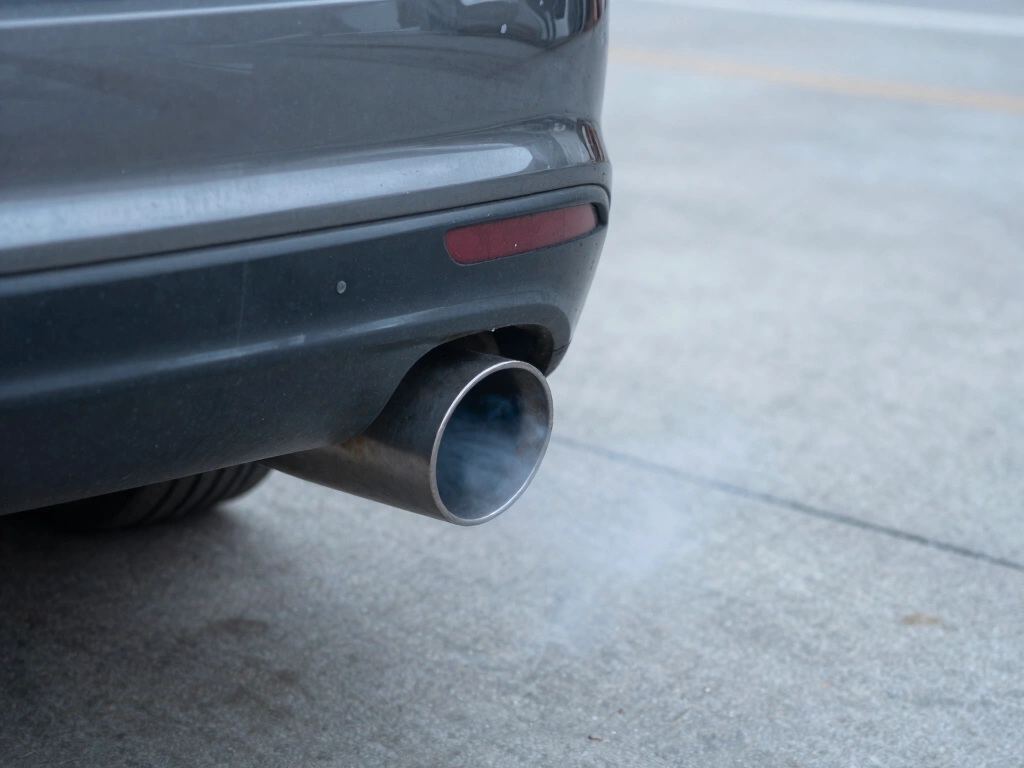 Close-up view through an engine bay of an exhaust pipe tip emitting faint blue-gray smoke against a gray concrete driveway background, early morning overcast light