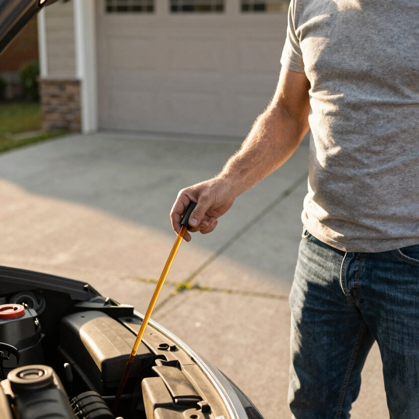 Caucasian man in his 40s checking engine oil with dipstick in a suburban driveway, afternoon sunlight, jeans and gray t-shirt, close-up of hand holding dipstick with visible oil film, warm golden-hour light on concrete, shallow depth of field