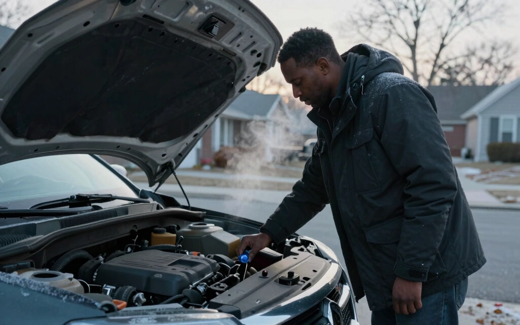 Black man in his 40s checking the dipstick on an SUV engine in a residential driveway during winter, frost visible on the vehicle