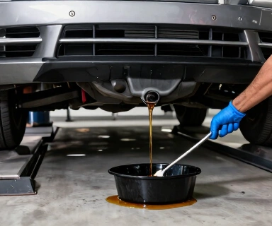 European service bay close-up of a current generation BMW 3 series sedan on a two-post lift with the underbody exposed for an oil change, the drain plug freshly removed and warm oil draining into a black catch pan, hands of a caucasian mechanic in his 30s wearing nitrile gloves visible at the right edge of the frame, harsh shop fluorescent lighting from above, oil-stained concrete floor, neutral cool gray and black tones with warm amber oil highlights, no text overlays, no watermarks