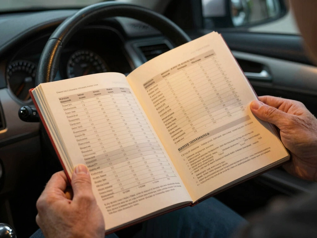 Owner&rsquo;s manual open to oil specification pages with viscosity chart and OEM approval code requirements, held in a reader&rsquo;s hands in a car interior, warm reading light