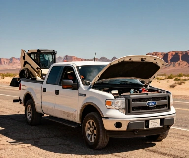 Pickup truck with extended-cab body parked at a highway rest area with a tandem-axle utility trailer hitched to the back loaded with a small bobcat skidsteer, the hood propped open and steam rising from a hot engine, mid-day summer sun on asphalt, a 5-quart bottle of motor oil staged on the bed rail, weathered caucasian driver in his 50s wiping his hands on a shop rag near the front bumper, warm amber and dust tones, no text in image, no watermarks