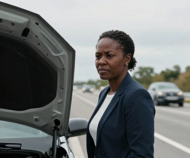 Black woman in her 30s standing next to her car on a road shoulder, looking at the open hood with a concerned expression, daytime, highway in background with soft focus, natural lighting, no text, no watermarks