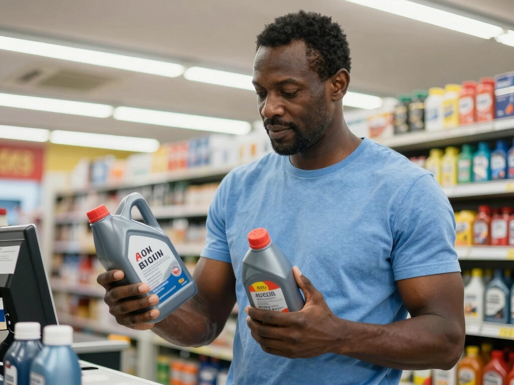 Black man comparing two motor oil jugs at an auto parts store checkout, holding one in each hand