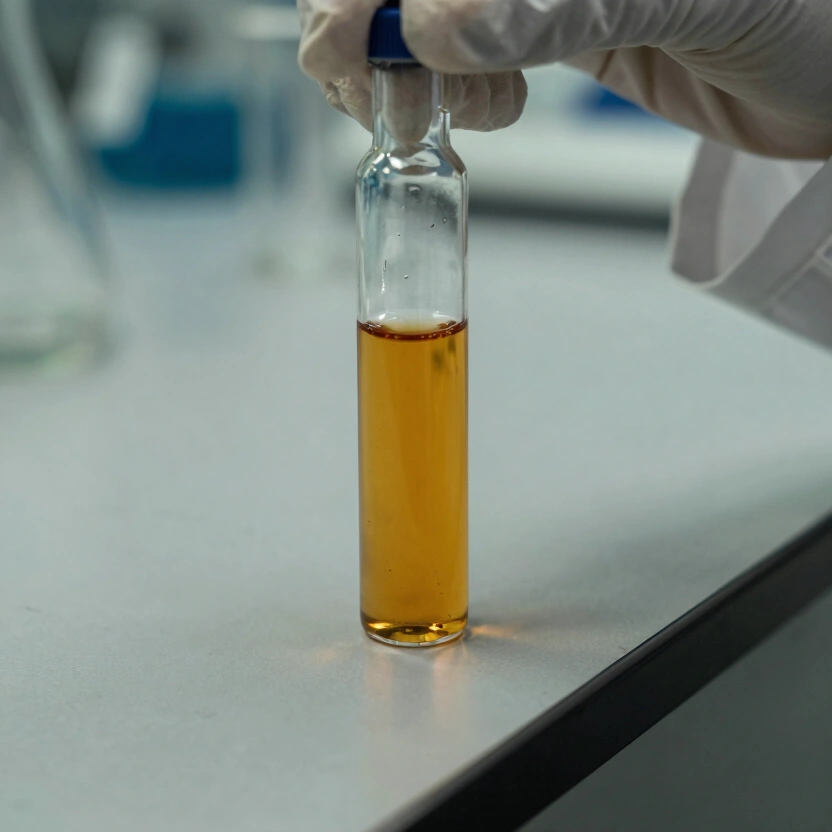Laboratory vial of motor oil showing the difference in oil purity between synthetic and conventional base stocks