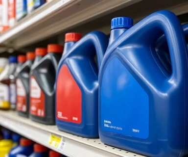 Walmart automotive aisle close-up of two 5-quart jugs of full synthetic motor oil sitting side by side on a metal shelf with red and yellow brand labels facing camera but partially blurred so the brand is suggestive rather than legible, faint price stickers in the lower corners with three-dollar gap pricing implied, the rest of the aisle in soft focus showing rows of motor oil bottles receding into the background, fluorescent retail lighting overhead, neutral retail tones with red and amber accent colors, no readable brand text, no watermarks