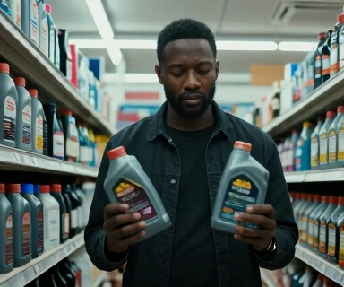 Black man in his 30s at an auto parts store aisle holding two motor oil bottles and comparing labels, fluorescent store lighting, rows of oil products behind, thoughtful expression, no text readable on bottles, no watermarks